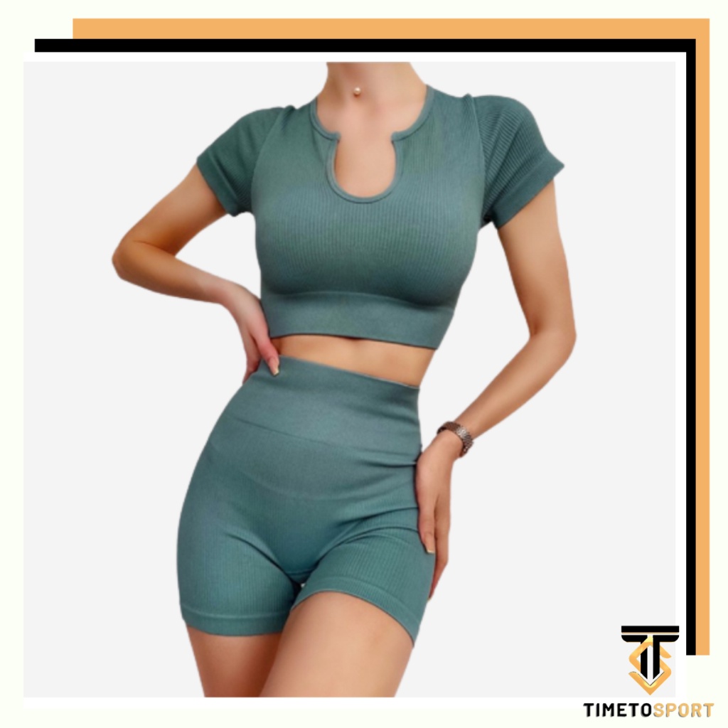 TIMETOSPORT Setelan Baju Atasan Dan Celana Pendek Olahraga Yoga Gym Fitness Aerobik Zumba Wanita