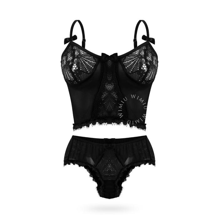 PREMIUM WIMIU One Set Lace CropTop Set Brukat Tanpa Busa Semi Jaring Halus Baju Tidur Gaun Malam