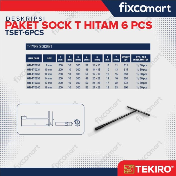 Tws - Tekiro Kunci Sock T Set / Sok T Fullset 8 - 10 - 12 - 14 - 17 - 19 Mm