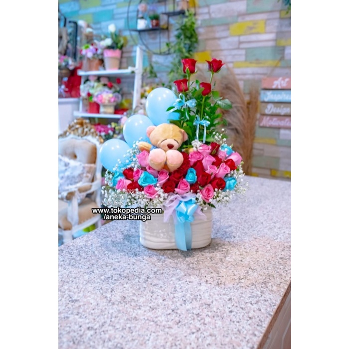 Pot Bunga Mawar Balon Biru Vas Teddy Bear Blue Balloon Flower Birthday