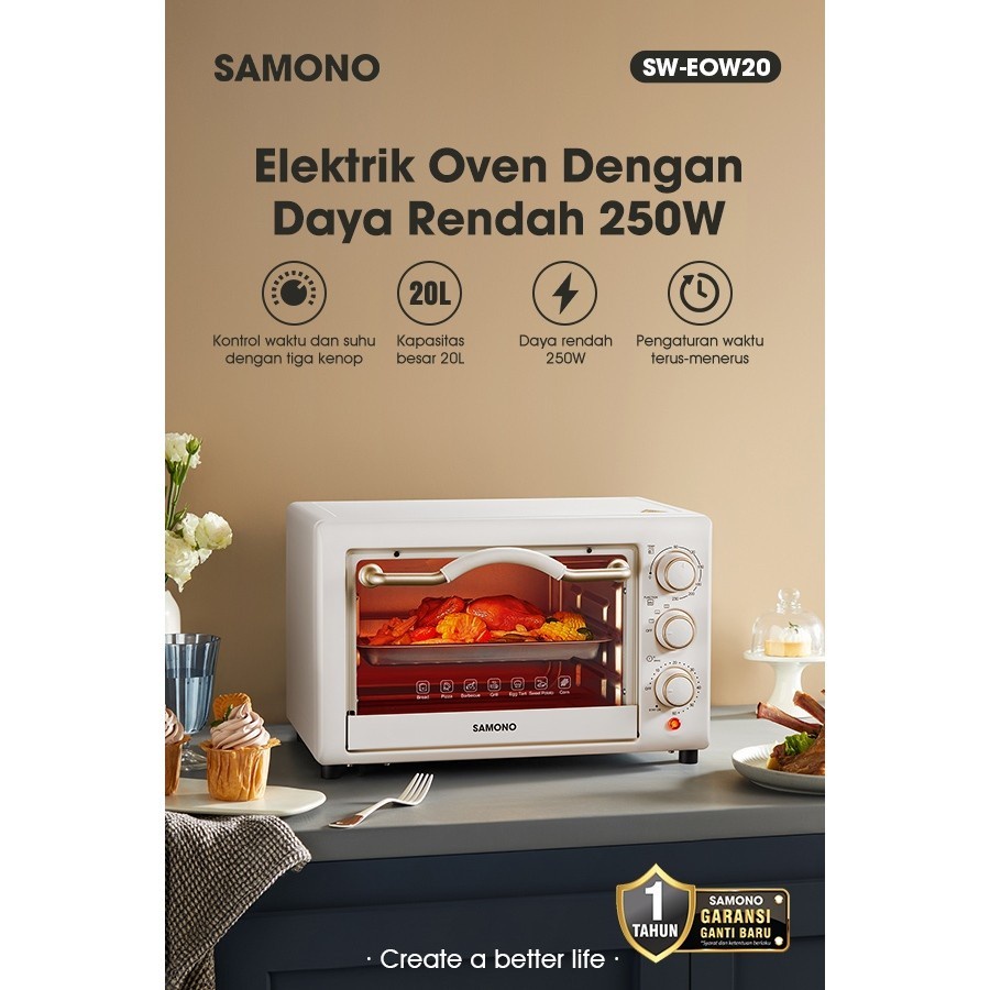 SAMONO Oven Listrik 20L SW-EOW20 Pemanggang Serbaguna Kapasitas Besar Stainless Steel Kaca Anti Pana