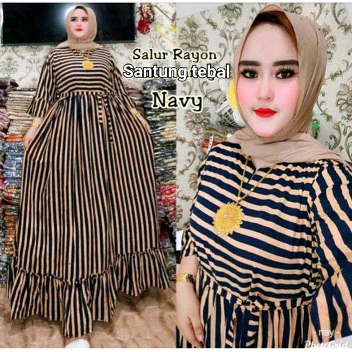 PROMO Baju Muslim Pakaian Wanita Gamis Jumbo Dress Busui Bahan Kain Rayon Premium Rempel Motif Salur