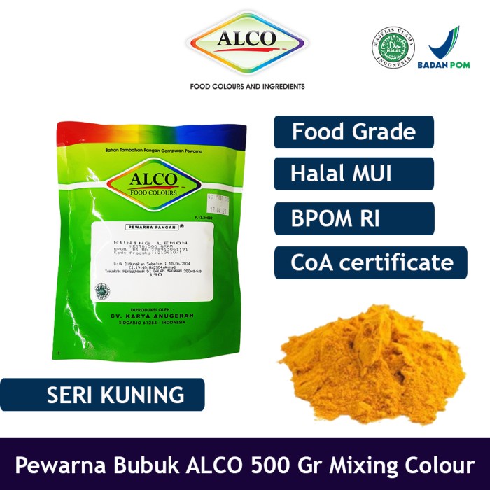 

Ready Stok" Pewarna Makanan Kue Bubuk Alco 500 Gr Mixing Colour Warna Kuning