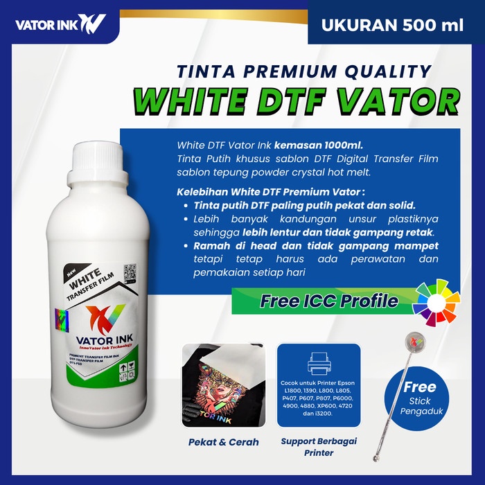 

DTF White Vator Ink 500ml Tinta Putih Sablon Tepung Pet Transfer Film TERLARIS/TERMURAH/TERPOPULER