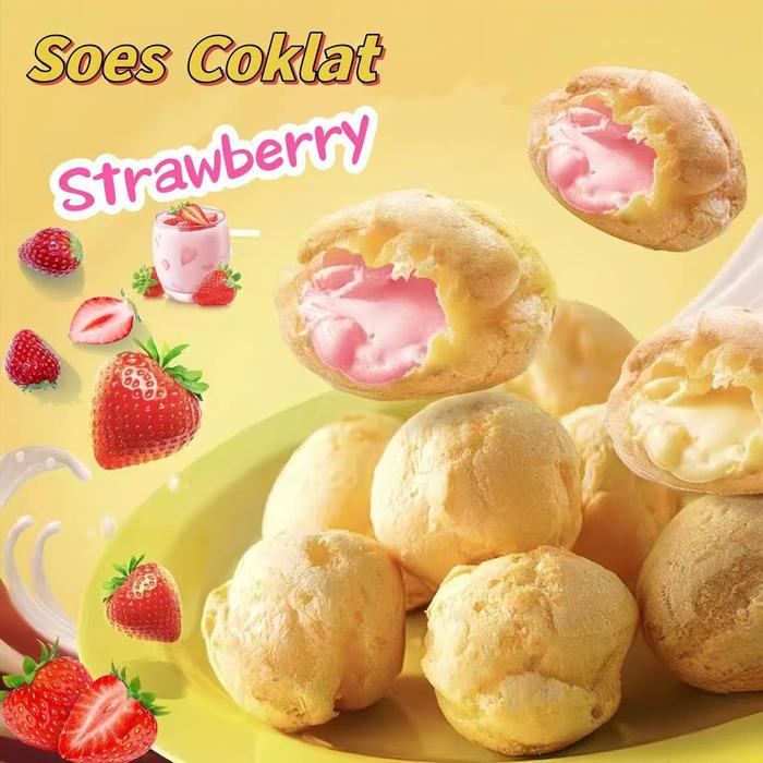 

Soes Coklat Cokelat/strawberry / mix rasa/halal Kue Sus Kering Isi soes coklat lumer 1 kgr Enak
