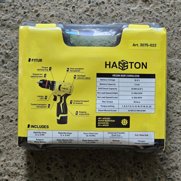 Cordless Drill 12 Volt Hasston (3075-022) / Bor Baterai 12 volt / Bor batre / bor cordless 2 baterai