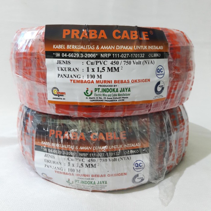 NEW Kabel Listrik Tunggal PRABA NYA 1,5mm (100m) Merah / Hitam