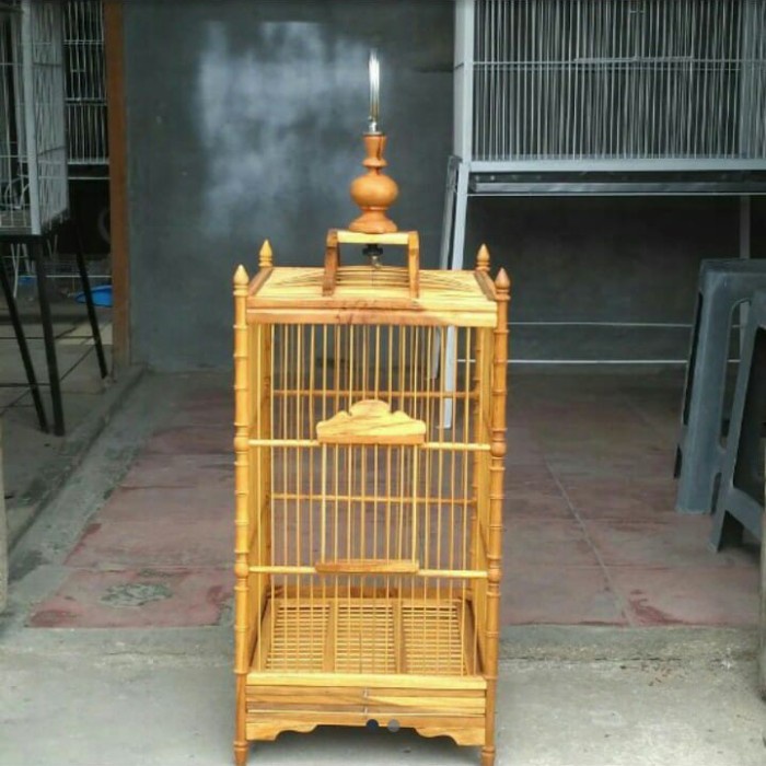Kandang burung kotak no 3 kayu jati komplit tangkringan makan minum