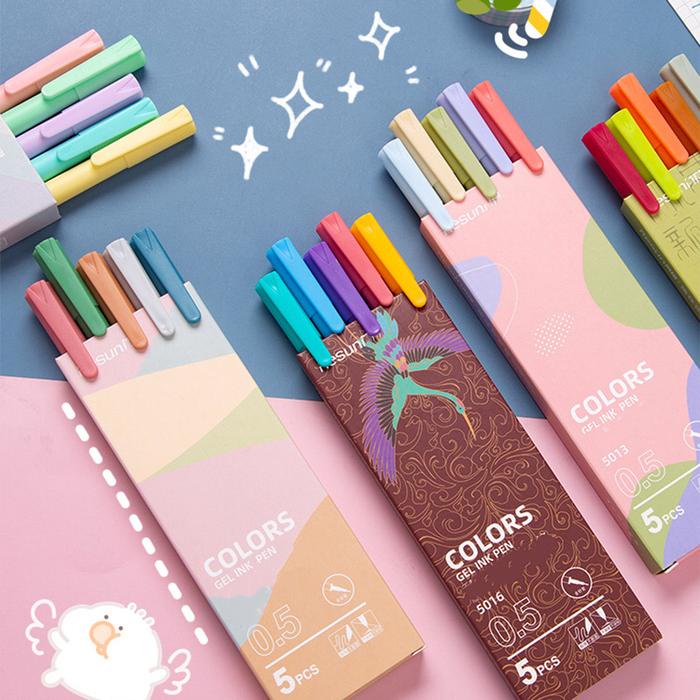 

JTTOP" 5 PCS/SET PULPEN TINTA GEL INK LUCU MARKER PEN 0.5MM JOURNAL VINTAGE BULLPOIN RETRO MACARON