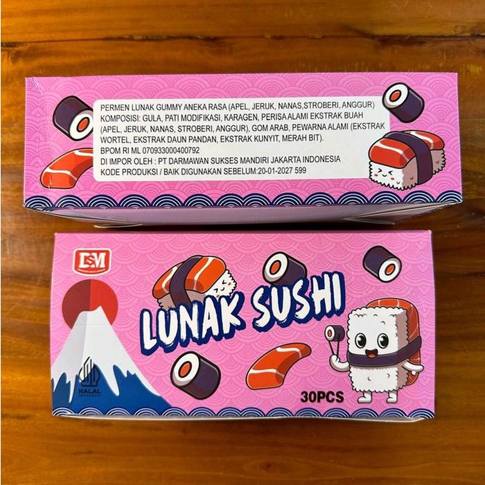 

Permen Lunak bentuk Sushi 1 pack isi 30 pcs rasa buah buahan