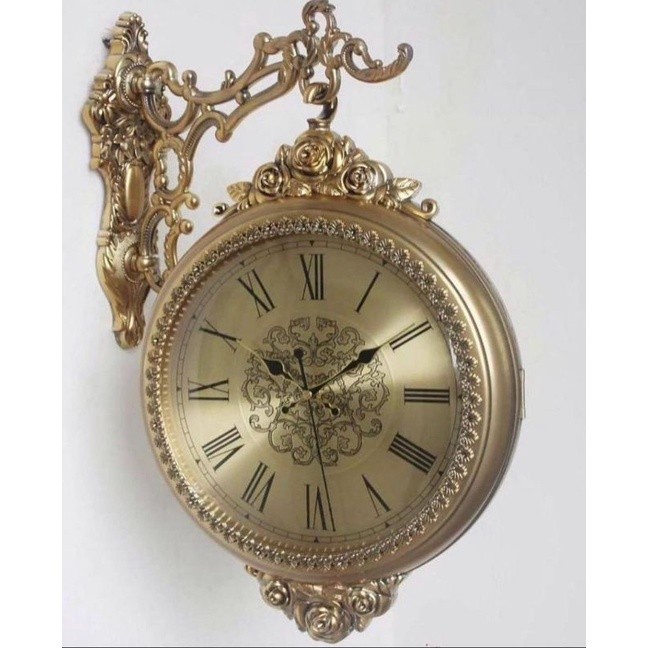 Jam Dinding Gantung 2 Dua Sisi Emas Rose Gold Tembaga Klasik Besar