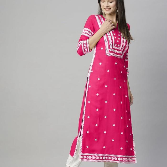Laqueens Gosriki Pink Baju India Kurti Kurta Tunik Chikankari Bordir Remaja Dewasa Kondangan Midi