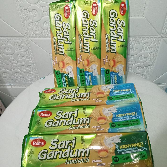 

Sari gandum rasa kacang 1pak isi 6pcs @ 108g biskuit sandwich dengan telur,susu dan krim kacang