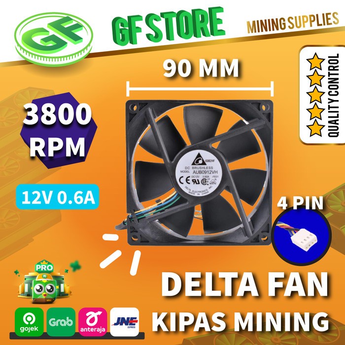 DELTA FAN AUB0912VH 90mm 9 CM DC 12V 3800 RPM KIPAS KOMPUTER 4 PIN