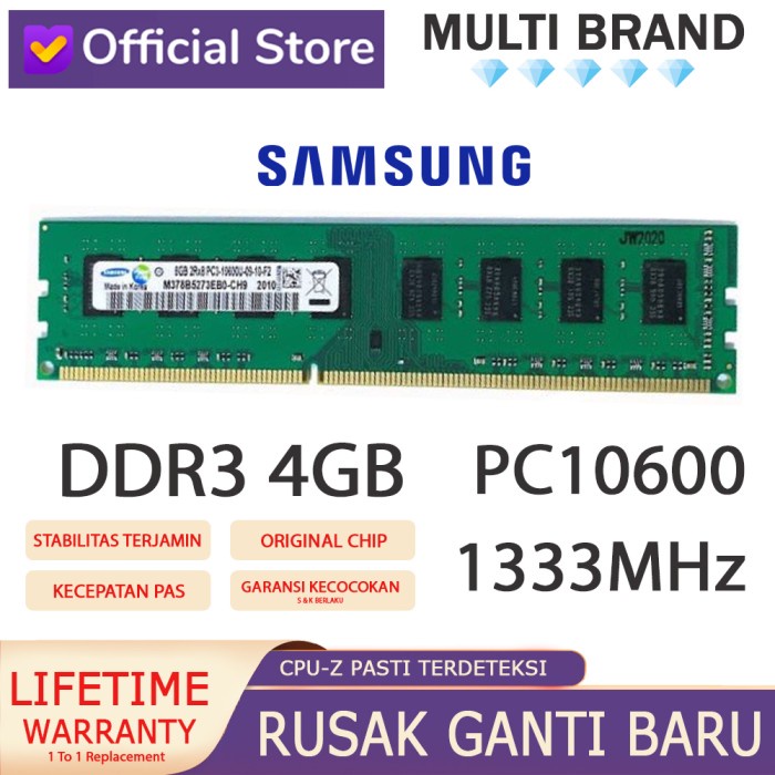 RAM PC SAMSUNG DDR3 8GB 10600/1333 MHz ORI RAM PC DDR3 8GB 1333 MHz