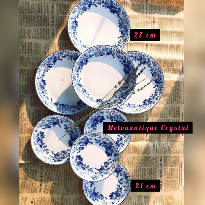 Piring Keramik Putih Biru / Piring Keramik Putih Biru Halus D21cm