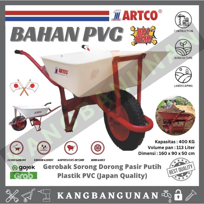 Gerobak Sorong Dorong Sawit Pasir Cor Artco Bak Fiber PVC Putih White Plastik Original Troli Set