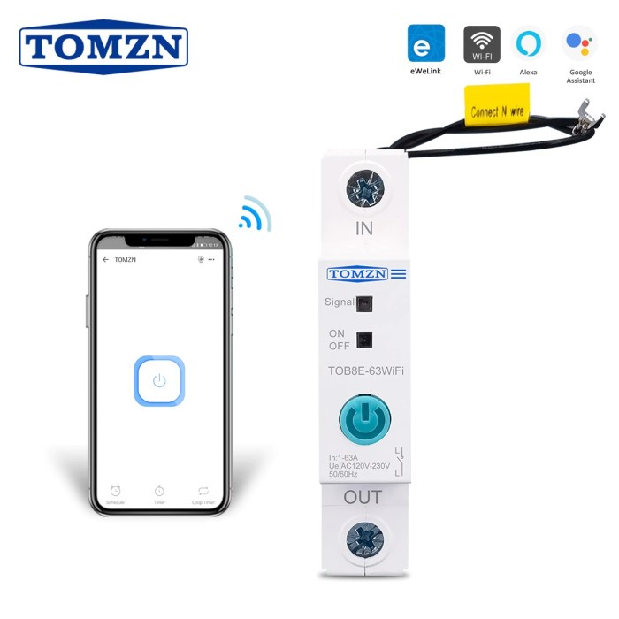 TERMURAH EWELINK WIFI 1 PHASE 1P ON-OFF SWITCH BREAKER 63A 220VAC DIN RAIL