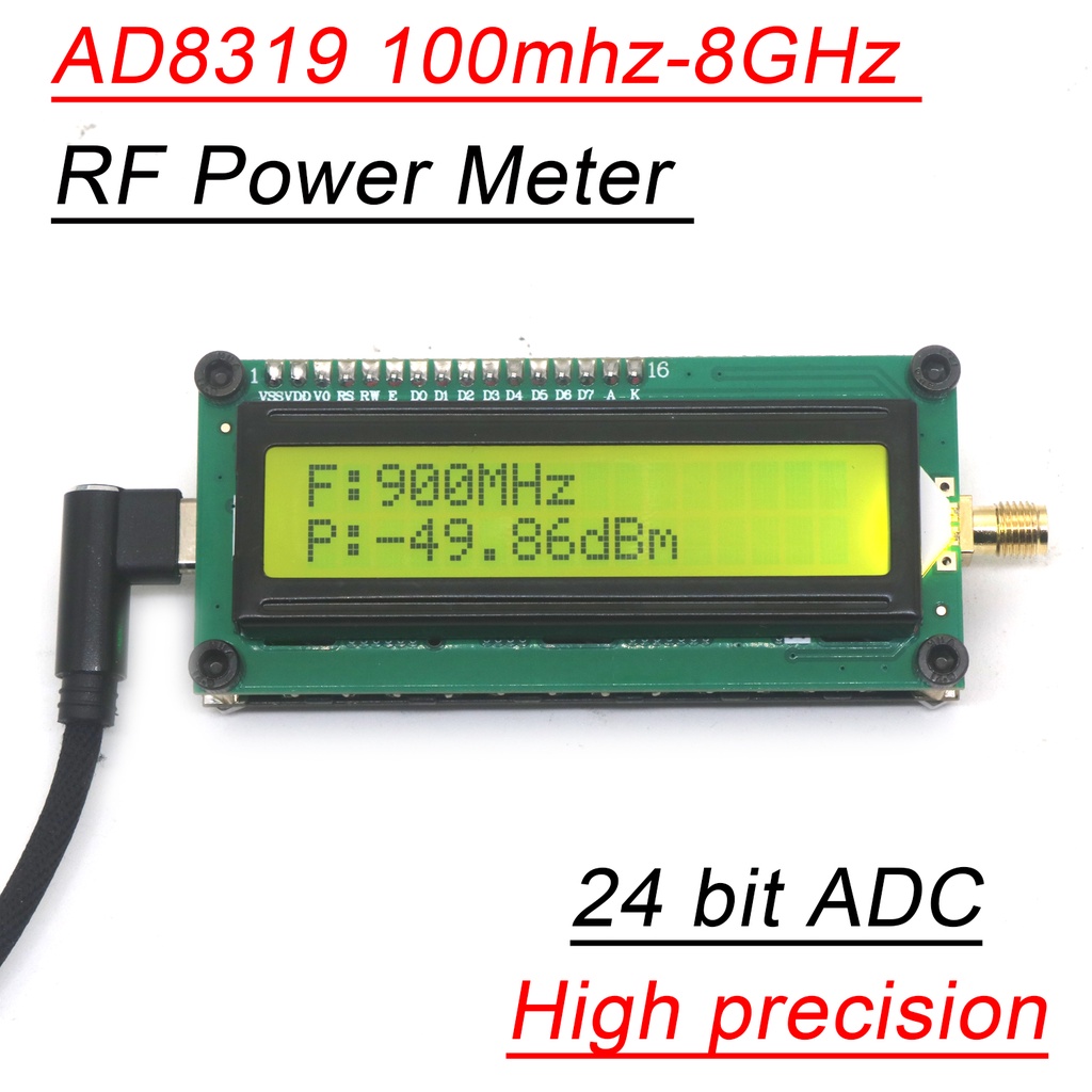 AD8319 1M-8Ghz RF Power Meter Type-C USB RF Signal Detector 24 Bit ADC FOR Ham Radio Amplifier 433M 