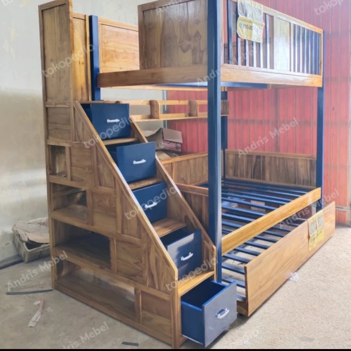 Tempat tidur tingkat kayu jati nimalis, Ranjang tingkat jati 3 susun