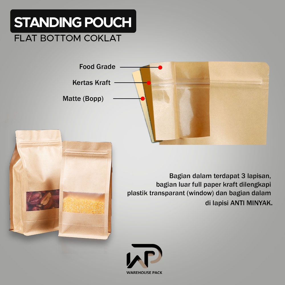 

( 10 Pcs ) Standing Pouch Flat Bottom Craft Windows Coklat I Kemasan Kopi Snack I Kemasan Paper