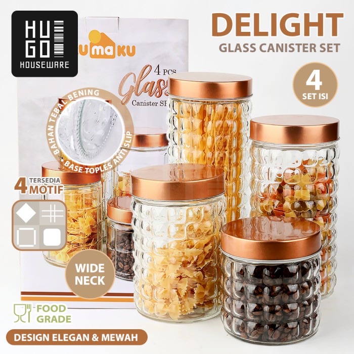 HUGO Toples Lebaran Toples Kaca Set 4 Pcs Tutup Rosegold Toples Kue