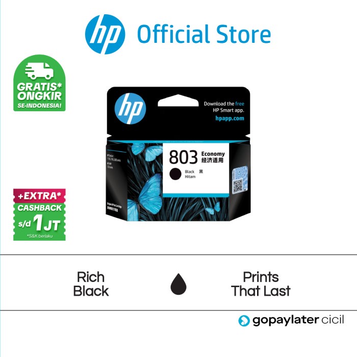 Tinta Printer Hp Original 803 Economy Black Deskjet 1112 2132 2621