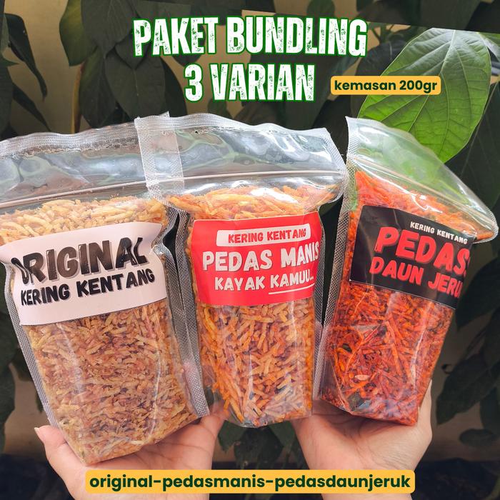 

PAKET 3 Medium 200gr - Kering Kentang Mustofa Pedas Daun Jeruk Original Pedas Manis