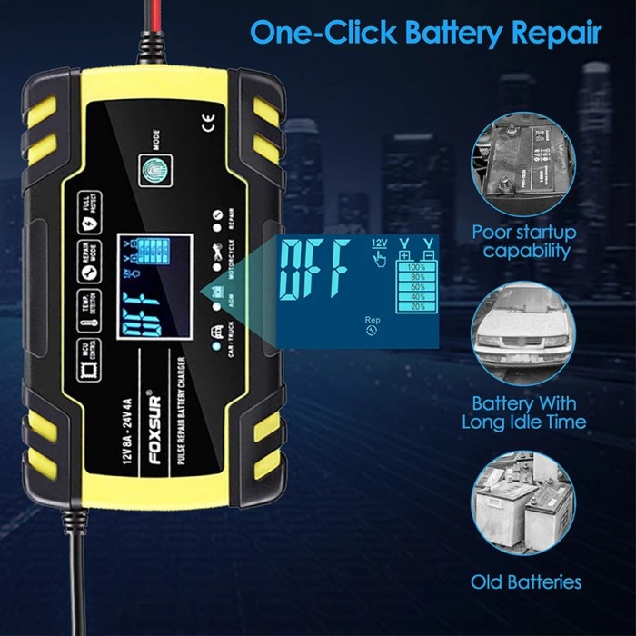 Terhemat Charger Aki Mobil Motor Portable Cas Aki Foxsur 140W 12V/24V 150Ah Lcd