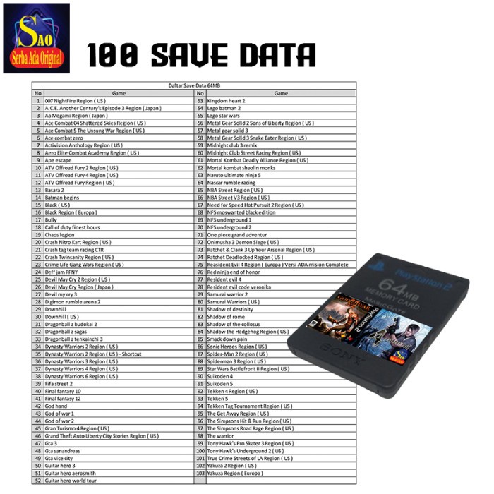 [Good] Memory Ps2 Sudah Isi 51 Save data Games Tamat