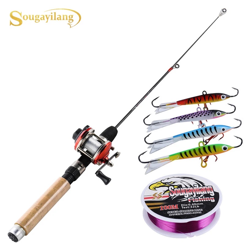 emca Ice Fishing Rod Set 67cm  Ice Rod with Mini 3 Color Trolling Reel  Shrimp Winter Fishing Lure L