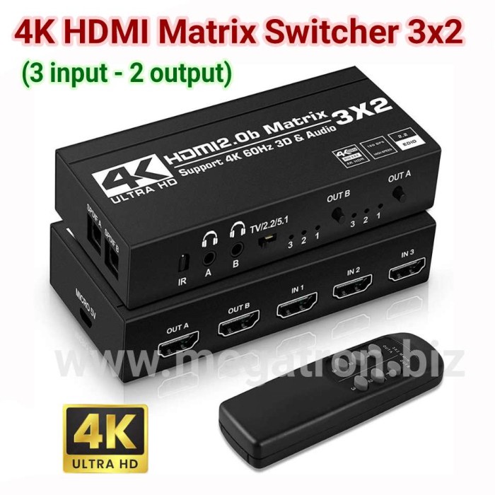 HDMI Matrix Switcher 3x2 (3-input & 2-output) - with Audio Extractor