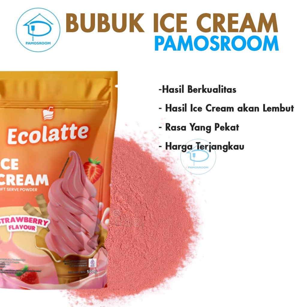 

Ecolatte Bubuk Ice Cream Soft Powder 500gr Bubuk Es Krim Vanilla Coklat Strawbery Mathca