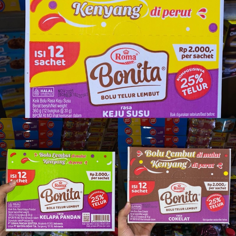 

ROMA BONITA BOLU TELUR LEMBUT 1 BOX 12pcs SEMUA ALL VARIAN RASA KEJU SUSU KELAPA PANDAN COKELAT