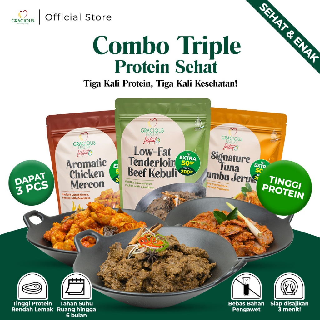 

Gracious Combo 3 Protein Sehat Tuna Daun Jeruk + Low Fat Beef Tenderloin +Aromatic Chicken Mercon