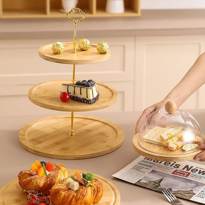 SALE PROMO RAK SUSUN KUE DAN BUAH DARI BAMBU DAN KAYU, COCOK UNTUK ACARA PESTA DAN JAMUAN KELUARGA