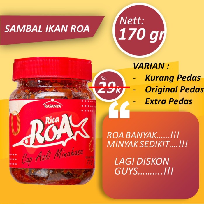 

SAMBAL ROA 170 gr CAP ASLI MINAHASA SAMBEL IKAN ROA SAMBEL TERI MEDAN