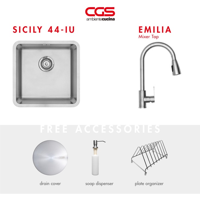 Terlaris Kitchen Sink Bak Cuci Piring Dapur Stainless Steel 1 Lubang Cgs Sicily 44-Iu Sink - Paket