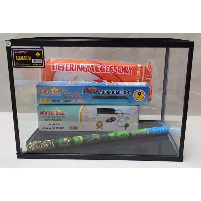 Paket aquarium Nikita Triset L dengan lampu atas LED.