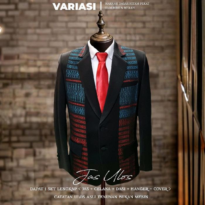 JAS ULOS BATAK PRIA SETELAN LENGKAP DASAR HITAM PEKAT CORAK BIRU MUDAH & MERAH
