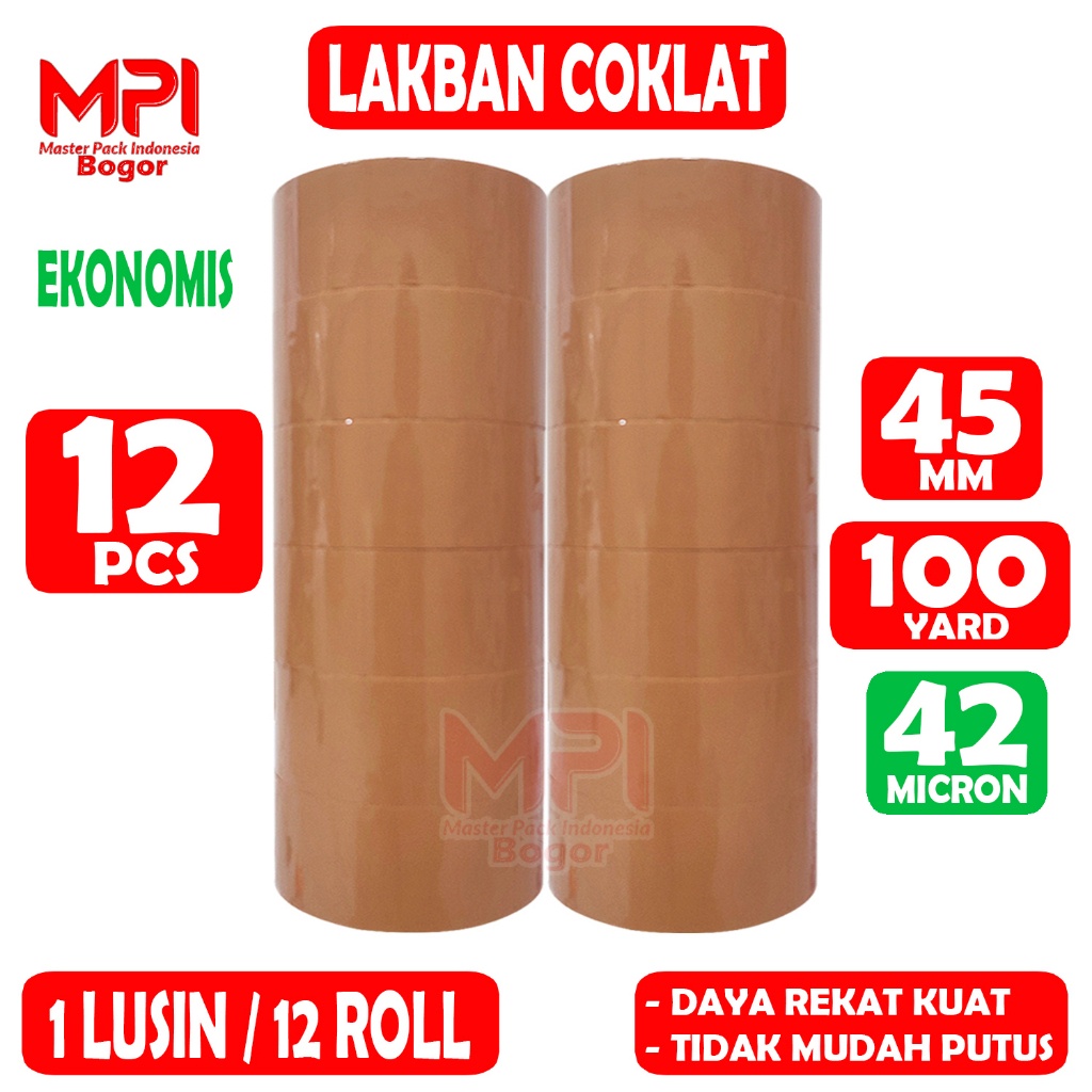 

1 Lusin [ 12 Roll ] Lakban Coklat Ekonomis 45 mm x 100 Yard / Lakban Packing Paket - Master Pack