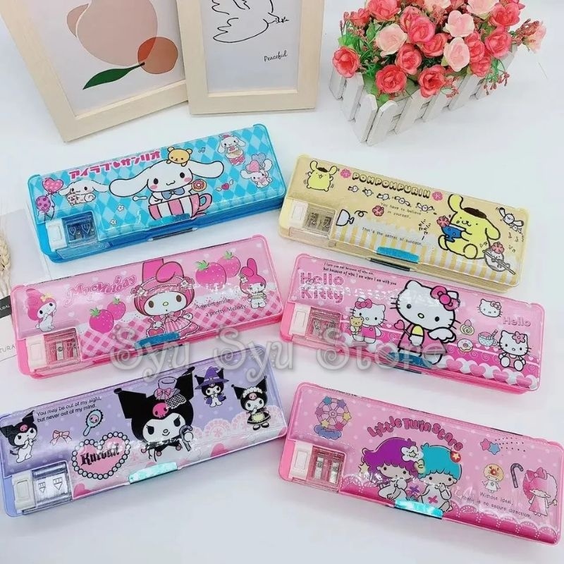 

Tempat Kotak Pensil 2 sisi dengan Serutan Kuromi My Melody Cinnamoroll Twin Stars Hello Kitty