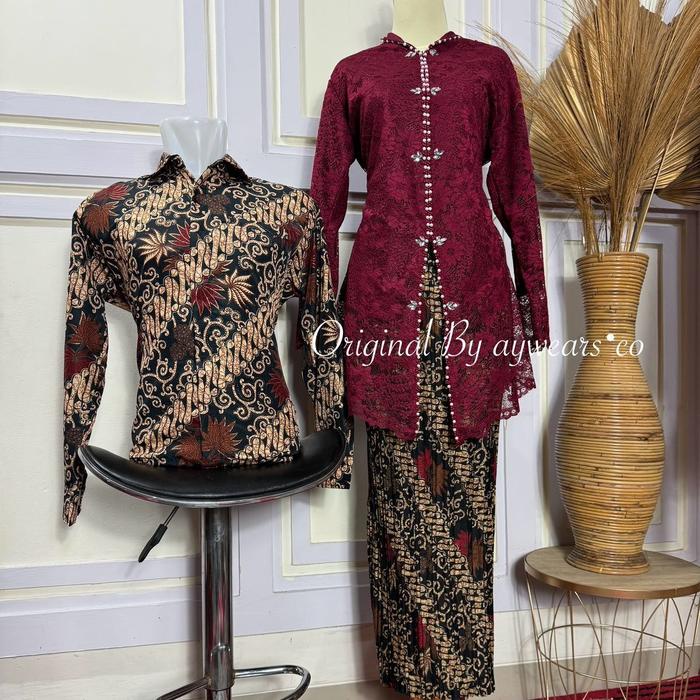 Aywears - Set couple Kebaya Encim brukat dan Kemeja batik pria Seragam Keluarga
