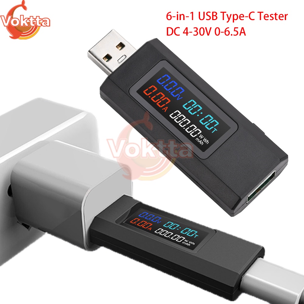 6-in-1 USB Type-C Tester Module Digital Voltmeter Ammeter Battery Capacity Tester DC 4-30V 0-6.5A Vo