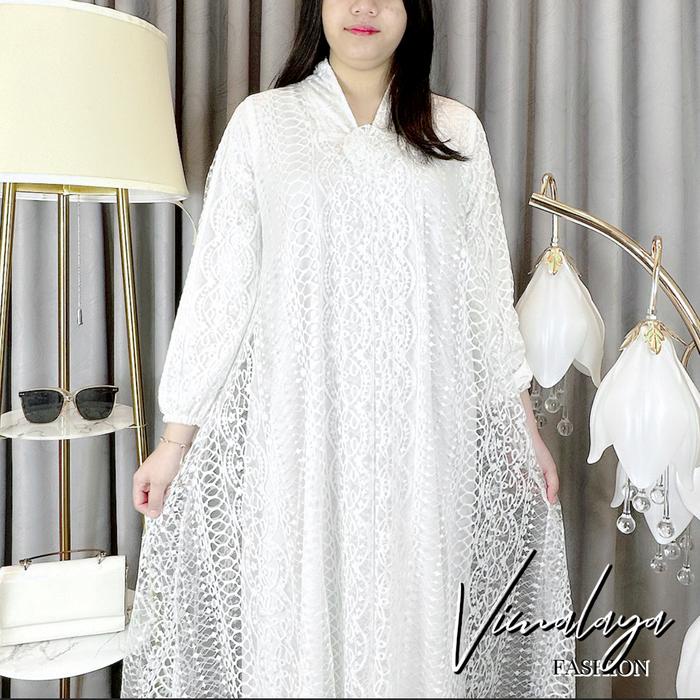Gamis Brukat Tile Polos Putih Kartini A-Line Baju Muslim Vima 75385