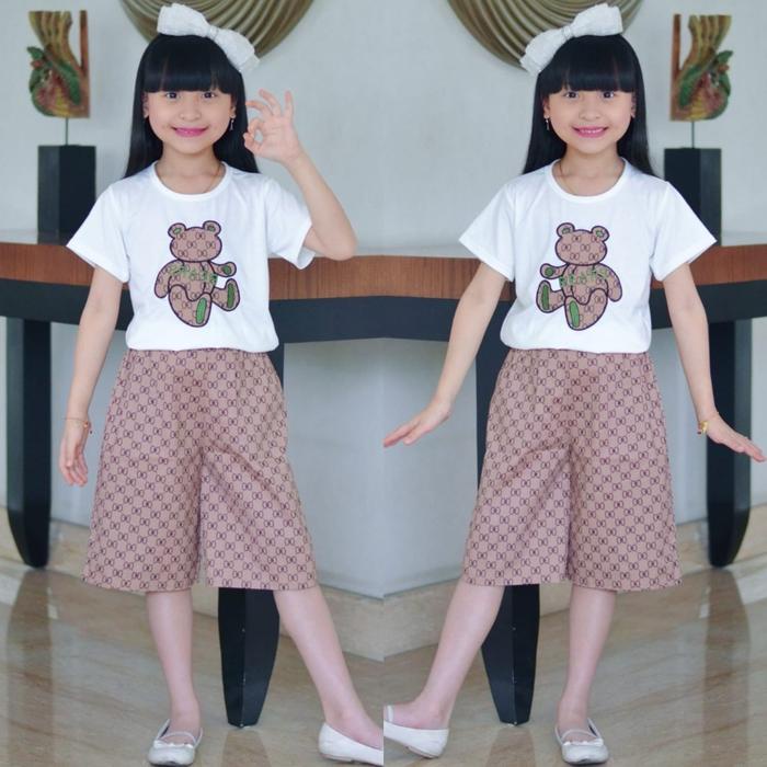 Setelan Kulot Teddybear Kotak Gc Anak Perempuan Umur 4-11 Tahun Bordir Baju Celana Katun Poplin