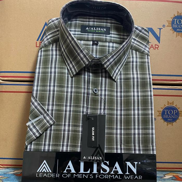 Kemeja Alisan Lengan Pendek Slimfit Motif Garis Kombinasi Kotak Pria