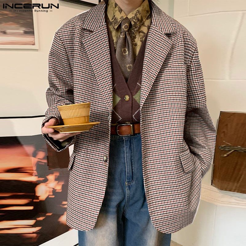 Incerun Men Clothing Fashion Plaid Long Sleeve Men Thin Blazer Autumn Suits Male Streetwear