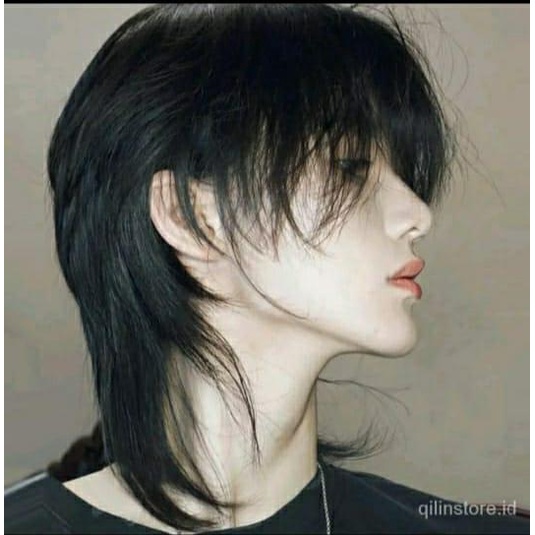 PREMIUM Wig Pria Wanita Mulllet Wolfcut Hitam rambut palsu cowok gondrong