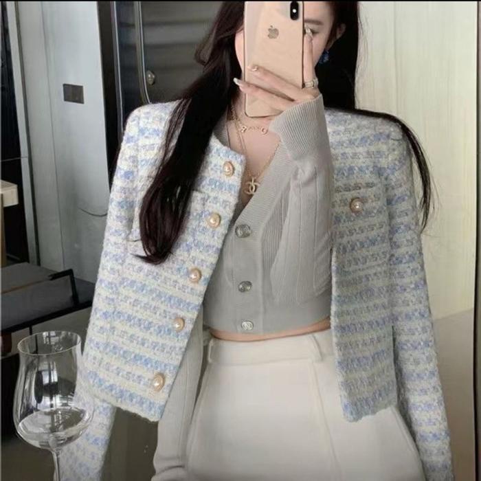 Blazer Tweed Blazer Blue Soft Blazer Wanita Lengan Panjang Blazer Casual Blazer Korea Style Blazer